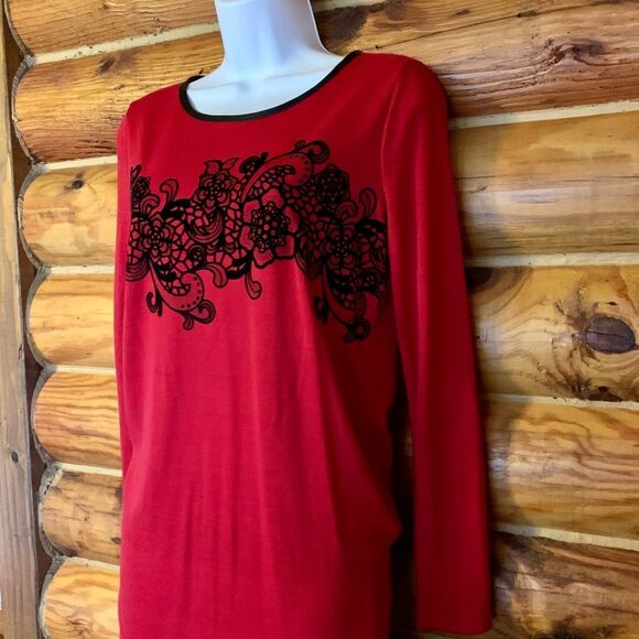 Worthington Red Tunic Sweater with Velvet Lace Detail Size Small - Picture 3 of 5